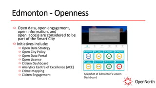 Edmonton - Openness
Open data, open engagement,
open information, and
open access are considered to be
part of the Smart City
Initiatives include:
Open Data Strategy
Open City Policy
Open Data Portal
Open License
Citizen Dashboard
Analytics Centre of Excellence (ACE)
Crime Mapping
Citizen Engagement Snapshot of Edmonton’s Citizen
Dashboard
 