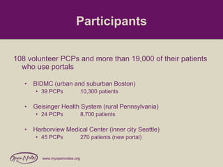 Participants
108 volunteer PCPs and more than 19,000 of their patients
who use portals
•

BIDMC (urban and suburban Boston)
• 39 PCPs

•

Geisinger Health System (rural Pennsylvania)
• 24 PCPs

•

10,300 patients

8,700 patients

Harborview Medical Center (inner city Seattle)
• 45 PCPs

www.myopennotes.org

270 patients (new portal)

 