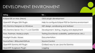 DEVELOPMENT ENVIRONMENT
Using… for…
Eclipse IDE on Mac [Neon] OSGi plugin development
OpenNTF XPages SDK Plugin Help to configure Eclipse PDE for Domino environment
HCL Domino Designer on Windows NSF design, sandboxing and testbed
HCL Domino Server 10.x / 11.x on CentOS Development, testing, staging and deployment
Paw, Postman, Node.js scripts Testing (functional, scalability, performance, etc.)
Stoplight Studio, Ulysses Documentation
SourceTree + Bitbucket/Github Source Control
OpenNTF Domino API Plugin Civilised way to use Java for Domino
OpenNTF XLogback Plugin Logging
 