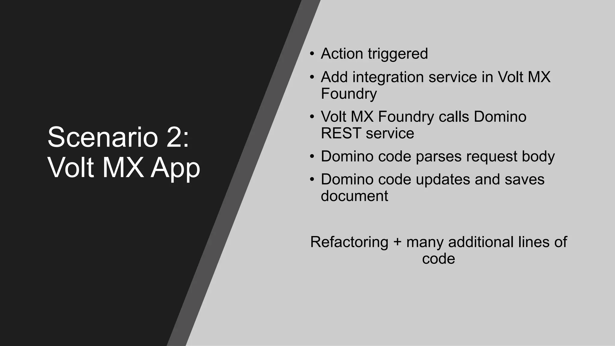 Scenario 2:
Volt MX App
• Action triggered
• Add integration service in Volt MX
Foundry
• Volt MX Foundry calls Domino
REST service
• Domino code parses request body
• Domino code updates and saves
document
Refactoring + many additional lines of
code
 
