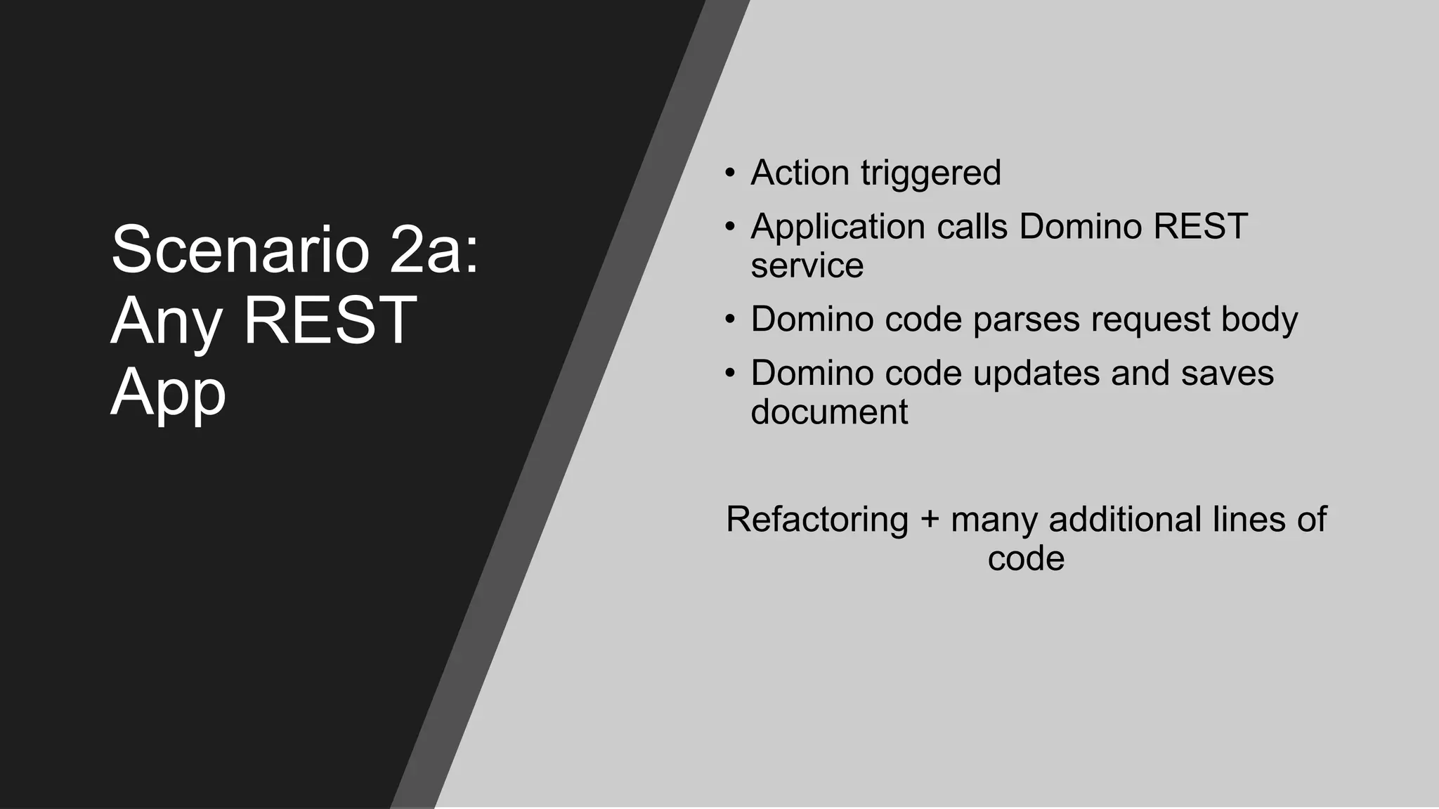 Scenario 2a:
Any REST
App
• Action triggered
• Application calls Domino REST
service
• Domino code parses request body
• Domino code updates and saves
document
Refactoring + many additional lines of
code
 
