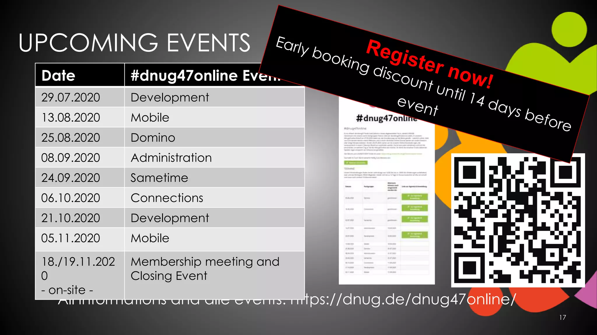 UPCOMING EVENTS
17
All informations and alle events: https://dnug.de/dnug47online/
Date #dnug47online Event
29.07.2020 Development
13.08.2020 Mobile
25.08.2020 Domino
08.09.2020 Administration
24.09.2020 Sametime
06.10.2020 Connections
21.10.2020 Development
05.11.2020 Mobile
18./19.11.202
0
- on-site -
Membership meeting and
Closing Event
 