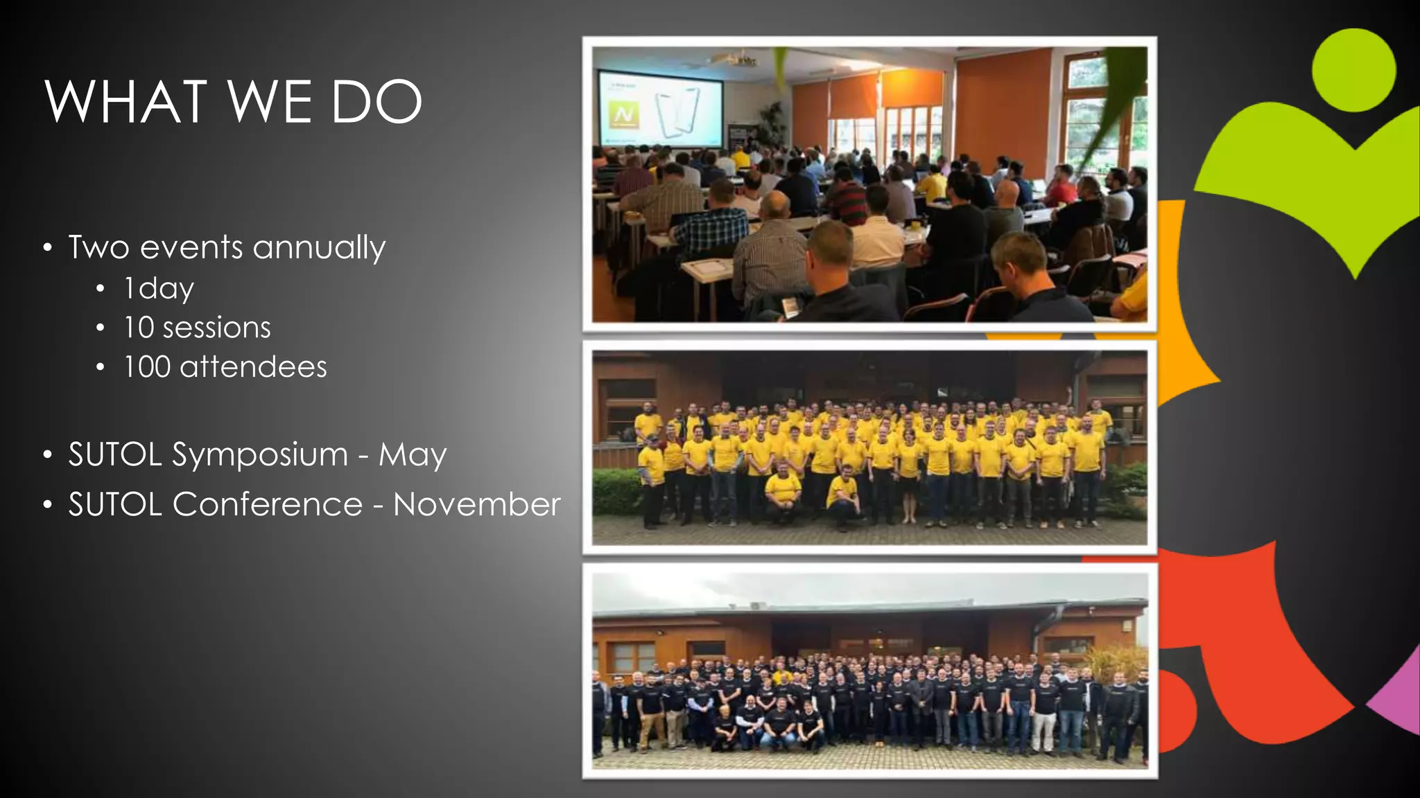 WHAT WE DO
• Two events annually
• 1day
• 10 sessions
• 100 attendees
• SUTOL Symposium - May
• SUTOL Conference - November
 