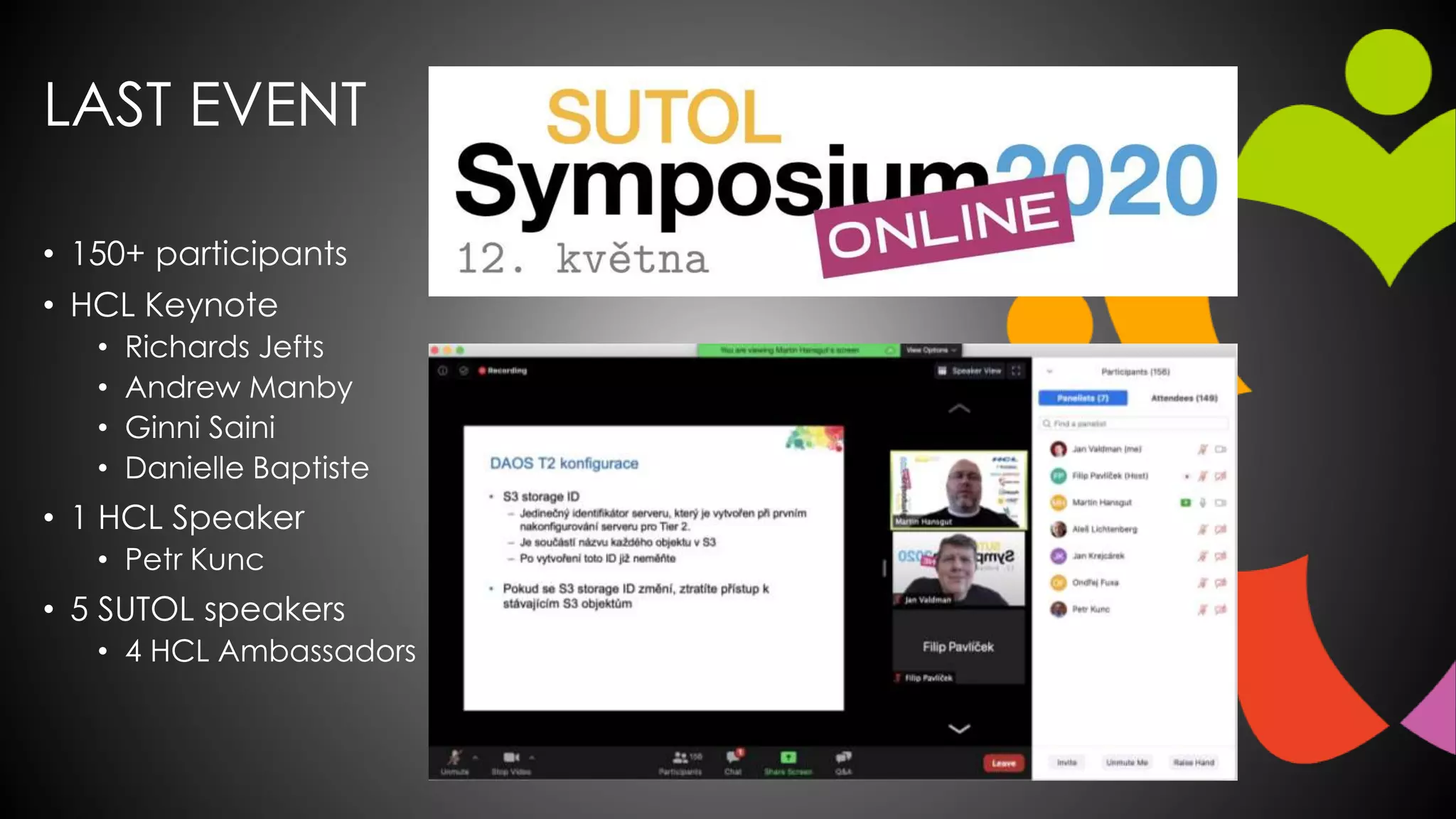 LAST EVENT
• 150+ participants
• HCL Keynote
• Richards Jefts
• Andrew Manby
• Ginni Saini
• Danielle Baptiste
• 1 HCL Speaker
• Petr Kunc
• 5 SUTOL speakers
• 4 HCL Ambassadors
 