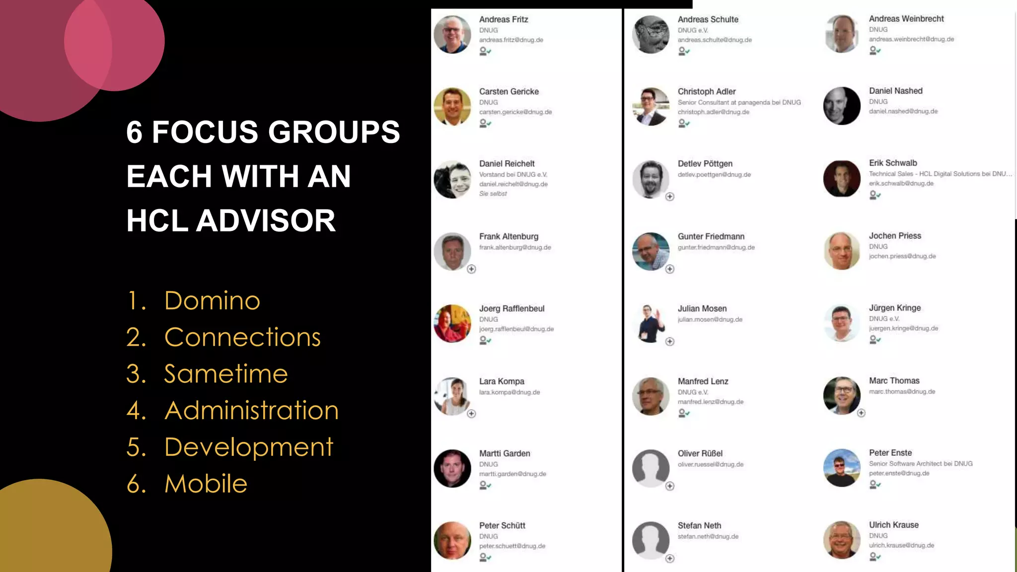 6 FOCUS GROUPS
EACH WITH AN
HCL ADVISOR
8
1. Domino
2. Connections
3. Sametime
4. Administration
5. Development
6. Mobile
 