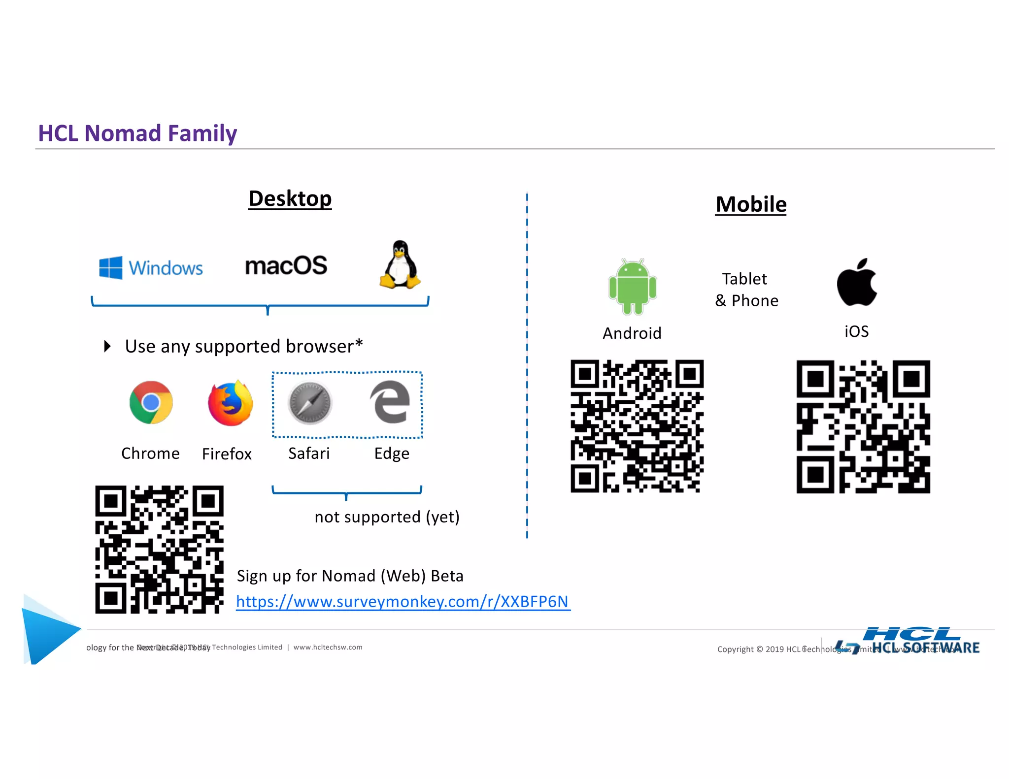 6 | Copyright © 2019 HCL Technologies Limited | www.hcltech.com6 | Technology for the Next Decade, TodayCopyright © 2019 HCL Technologies Limited | www.hcltechsw.com 6
HCL Nomad Family
Android
Mobile
iOS
Tablet
& Phone
Desktop
not supported (yet)
Chrome Firefox Safari Edge
https://www.surveymonkey.com/r/XXBFP6N
Sign up for Nomad (Web) Beta
4 Use any supported browser*
 