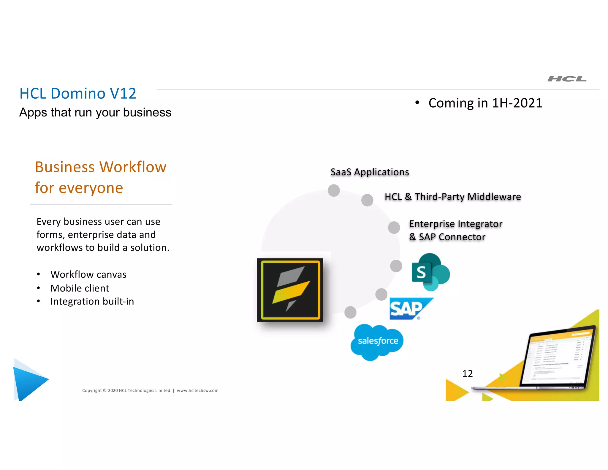 Copyright © 2020 HCL Technologies Limited | www.hcltechsw.com
Business Workflow
for everyone
Every business user can use
forms, enterprise data and
workflows to build a solution.
• Workflow canvas
• Mobile client
• Integration built-in
HCL Domino V12
Apps that run your business
12
Enterprise Integrator
& SAP Connector
HCL & Third-Party Middleware
SaaS Applications
• Coming in 1H-2021
 