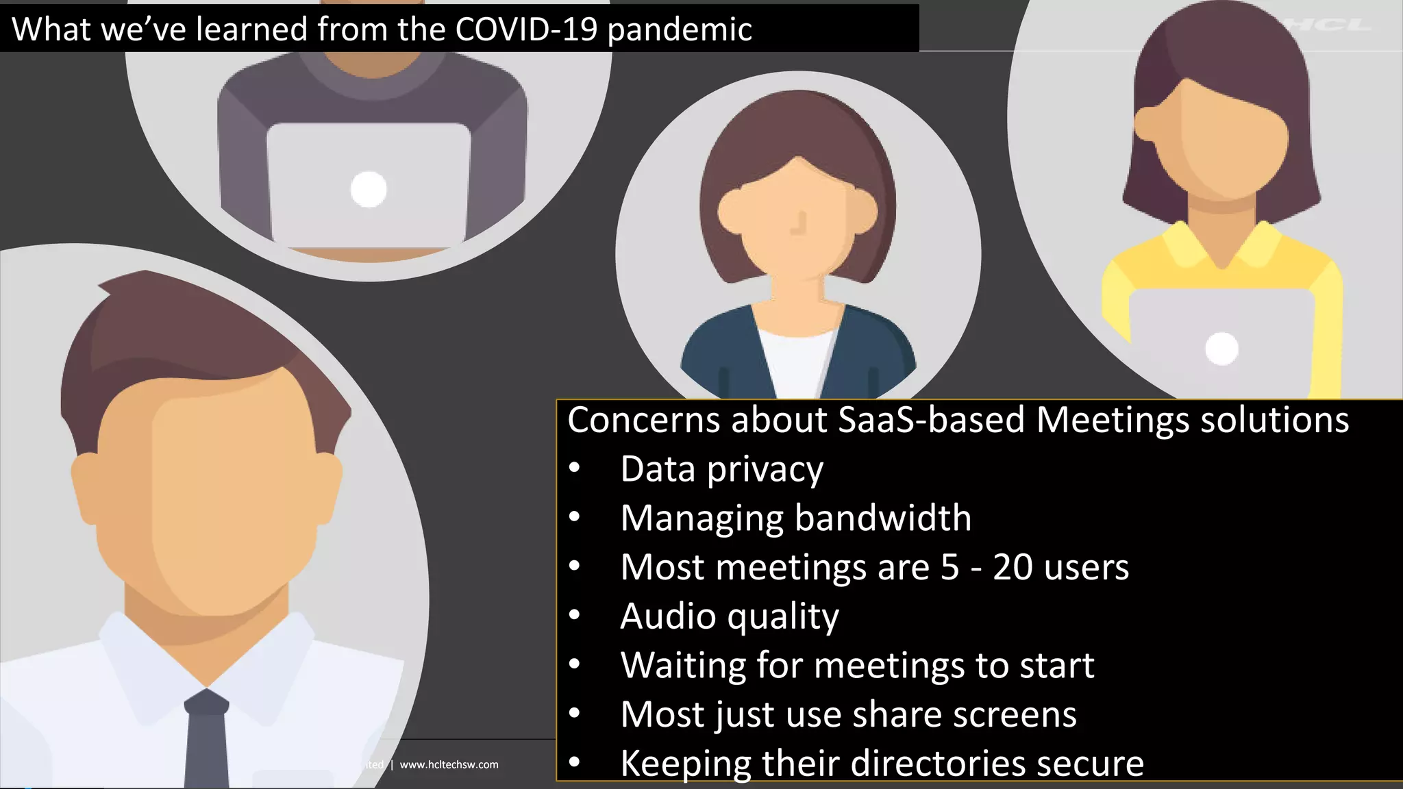 Copyright © 2019 HCL Technologies Limited | www.hcltechsw.comCopyright © 2019 HCL Technologies Limited | www.hcltechsw.com
What we’ve learned from the COVID-19 pandemic
Concerns about SaaS-based Meetings solutions
• Data privacy
• Managing bandwidth
• Most meetings are 5 - 20 users
• Audio quality
• Waiting for meetings to start
• Most just use share screens
• Keeping their directories secure
 