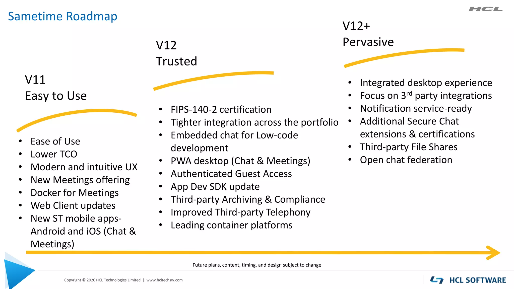 Copyright © 2020 HCL Technologies Limited | www.hcltechsw.com
• Ease of Use
• Lower TCO
• Modern and intuitive UX
• New Meetings offering
• Docker for Meetings
• Web Client updates
• New ST mobile apps-
Android and iOS (Chat &
Meetings)
• FIPS-140-2 certification
• Tighter integration across the portfolio
• Embedded chat for Low-code
development
• PWA desktop (Chat & Meetings)
• Authenticated Guest Access
• App Dev SDK update
• Third-party Archiving & Compliance
• Improved Third-party Telephony
• Leading container platforms
V11
Easy to Use
V12
Trusted
• Integrated desktop experience
• Focus on 3rd party integrations
• Notification service-ready
• Additional Secure Chat
extensions & certifications
• Third-party File Shares
• Open chat federation
V12+
Pervasive
Sametime Roadmap
Future plans, content, timing, and design subject to change
 