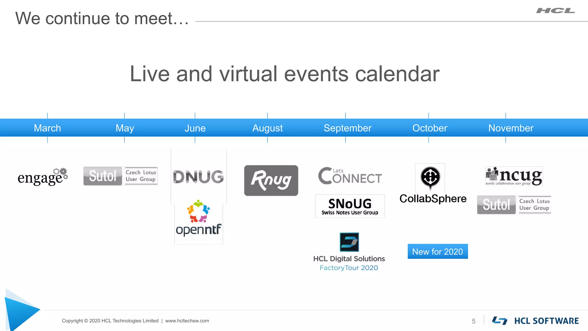Copyright © 2020 HCL Technologies Limited | www.hcltechsw.com 5
We continue to meet…
Live and virtual events calendar
March September October
New for 2020
JuneMay NovemberAugust
 