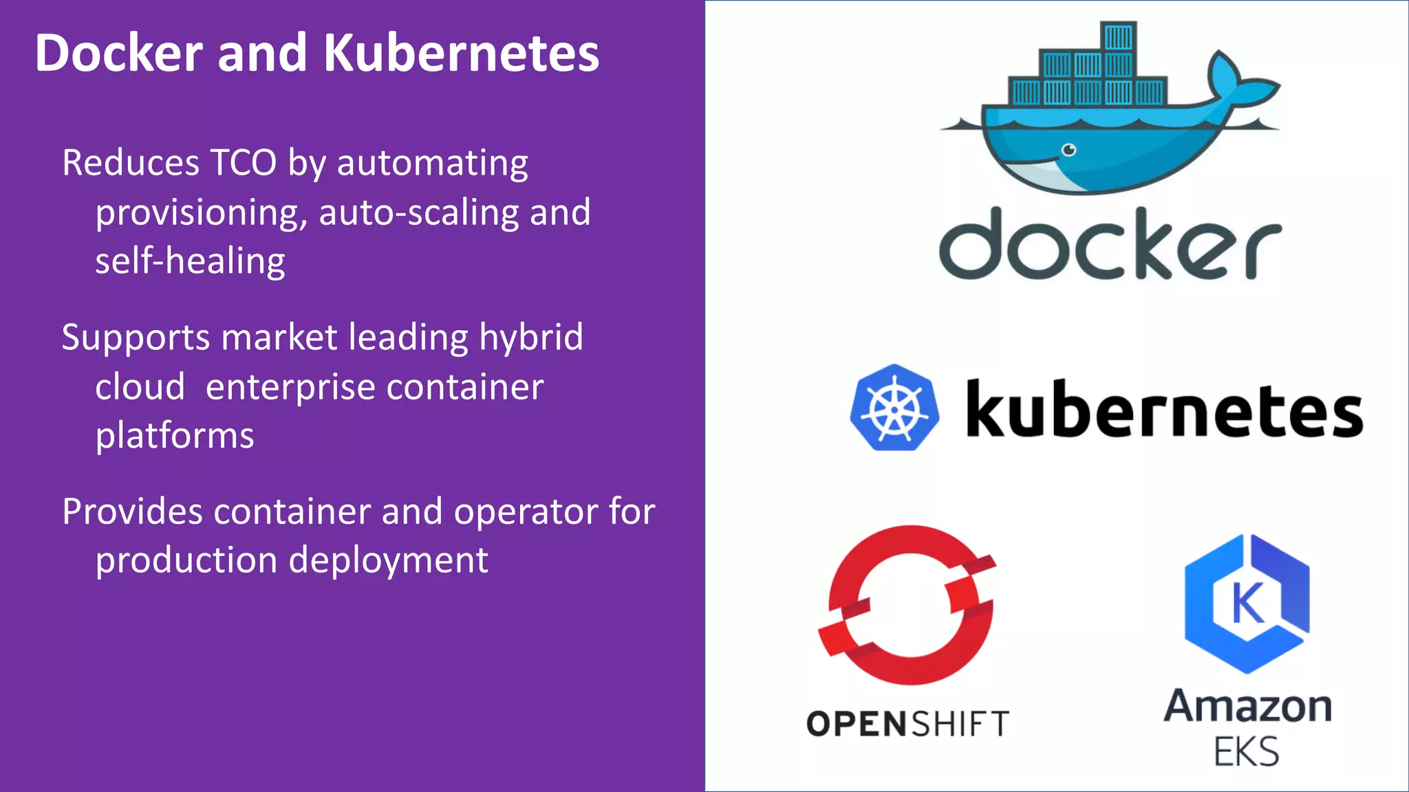 Reduces TCO by automating
provisioning, auto-scaling and
self-healing
Supports market leading hybrid
cloud enterprise container
platforms
Provides container and operator for
production deployment
Docker and Kubernetes
 