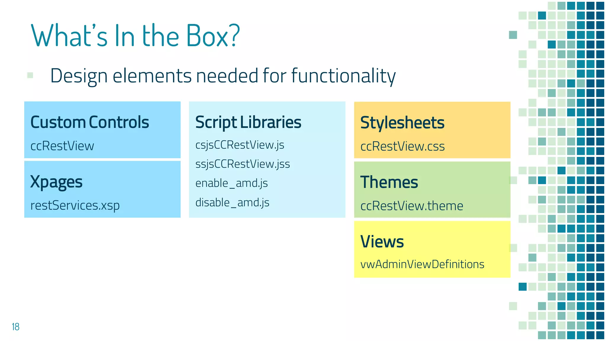 What’s In the Box?
18
CustomControls
ccRestView
Script Libraries
csjsCCRestView.js
ssjsCCRestView.jss
enable_amd.js
disable_amd.js
Stylesheets
ccRestView.css
Themes
ccRestView.theme
Xpages
restServices.xsp
Views
vwAdminViewDefinitions
▪ Design elements needed for functionality
 