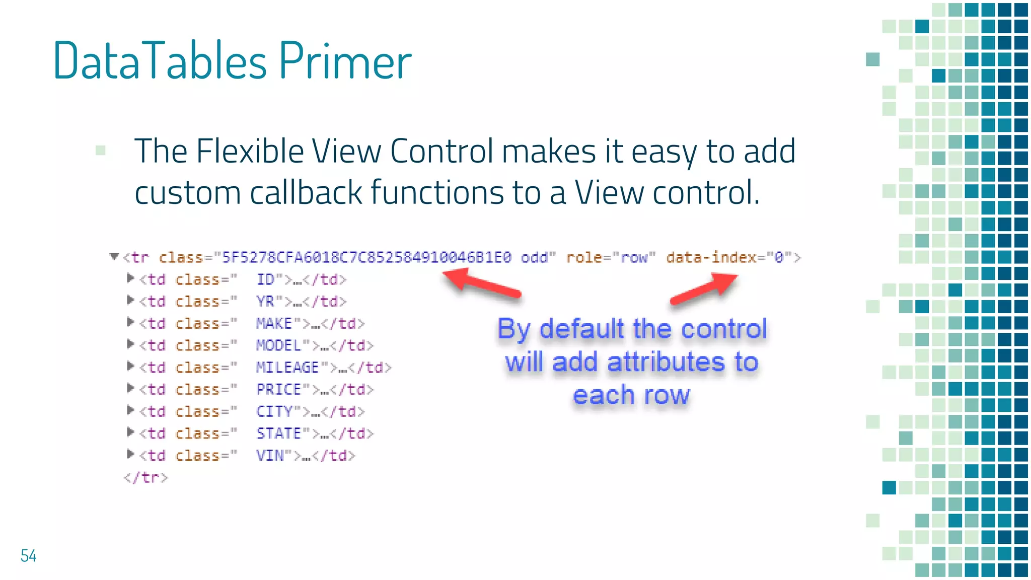 DataTables Primer
54
▪ The Flexible View Control makes it easy to add
custom callback functions to a View control.
 