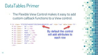 DataTables Primer
54
▪ The Flexible View Control makes it easy to add
custom callback functions to a View control.
 