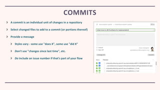 A commit is an individual unit of changes in a repository
Select changed files to add to a commit (or portions thereof)
Provide a message
Styles vary - some use "does X", some use "did X"
Don't use "changes since last time", etc.
Do include an issue number if that's part of your flow
COMMITS
 