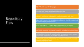 Repository
Files
README.md – your “landing page”
LICENSE – text will be standard for the license type
NOTICE – lists license and copyright info for third party code used
CONTRIBUTING.md – do you accept contributions? What do people need
to know, to make your life easier?
CODE_OF_CONDUCT – makes explicit expectation for all involved
AUTHORS – optional, some projects use this to track who has contributed
.github/ISSUE_TEMPLATE – issue template templates, to ensure people
give you the information you need to solve their issues?
.github/pull_request_template.md – pull request template, to ensure all
involved do what you need
 