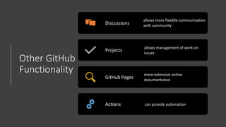 Other GitHub
Functionality
Discussions
allows more flexible communication
with community
Projects
allows management of work on
issues
GitHub Pages
more extensive online
documentation
Actions can provide automation
 