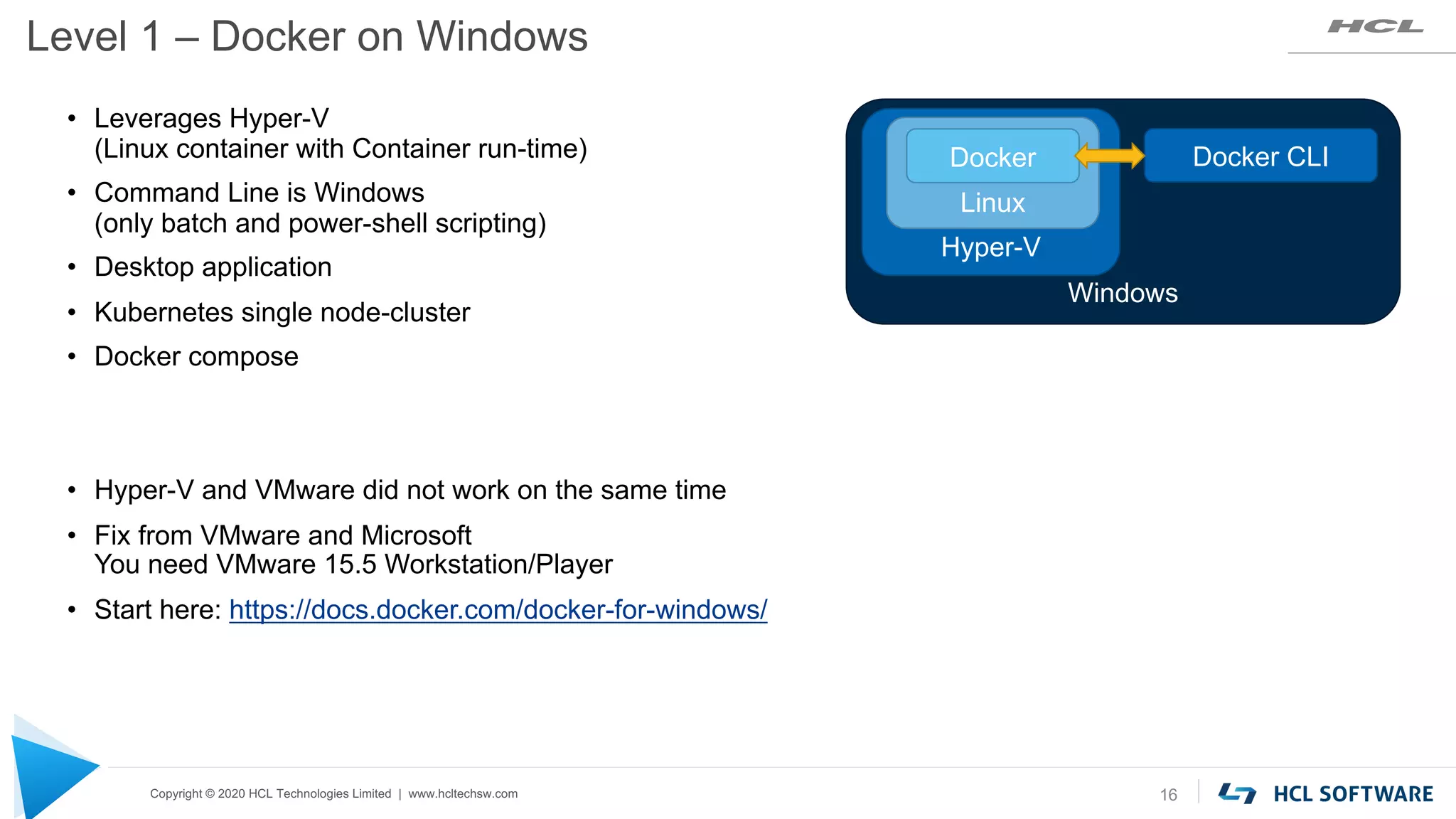 Copyright © 2020 HCL Technologies Limited | www.hcltechsw.com
Level 1 – Docker on Windows
16
• Leverages Hyper-V
(Linux container with Container run-time)
• Command Line is Windows
(only batch and power-shell scripting)
• Desktop application
• Kubernetes single node-cluster
• Docker compose
• Hyper-V and VMware did not work on the same time
• Fix from VMware and Microsoft
You need VMware 15.5 Workstation/Player
• Start here: https://docs.docker.com/docker-for-windows/
Windows
Hyper-V
Linux
Docker Docker CLI
 