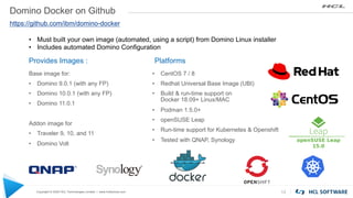 Copyright © 2020 HCL Technologies Limited | www.hcltechsw.com
Domino Docker on Github
Platforms
• CentOS 7 / 8
• Redhat Un...