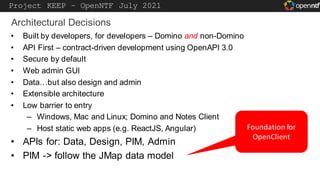 Project KEEP – OpenNTF July 2021
• Built by developers, for developers – Domino and non-Domino
• API First – contract-driv...