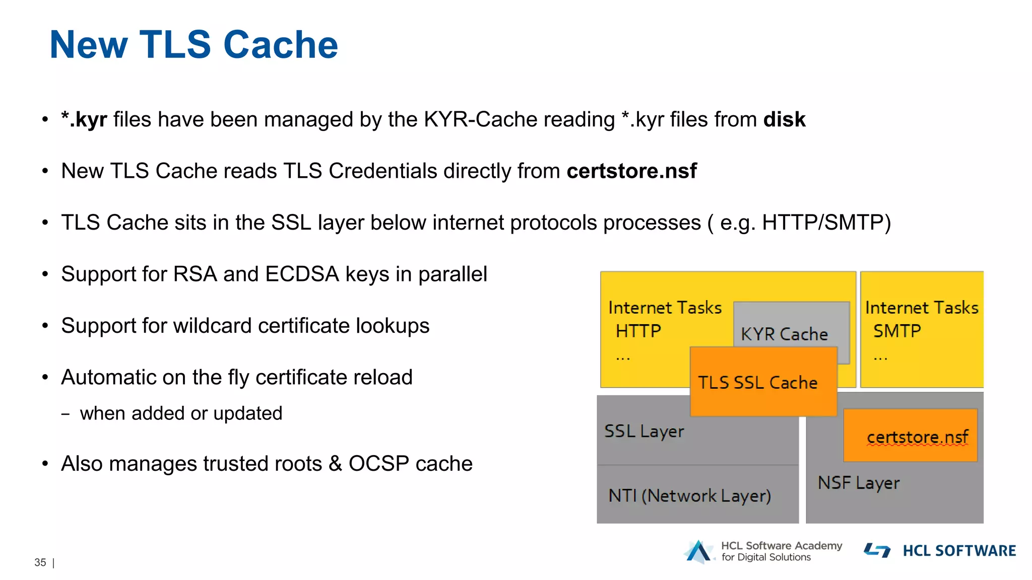 35 |
New TLS Cache
• *.kyr files have been managed by the KYR-Cache reading *.kyr files from disk
• New TLS Cache reads TLS Credentials directly from certstore.nsf
• TLS Cache sits in the SSL layer below internet protocols processes ( e.g. HTTP/SMTP)
• Support for RSA and ECDSA keys in parallel
• Support for wildcard certificate lookups
• Automatic on the fly certificate reload
− when added or updated
• Also manages trusted roots & OCSP cache
 
