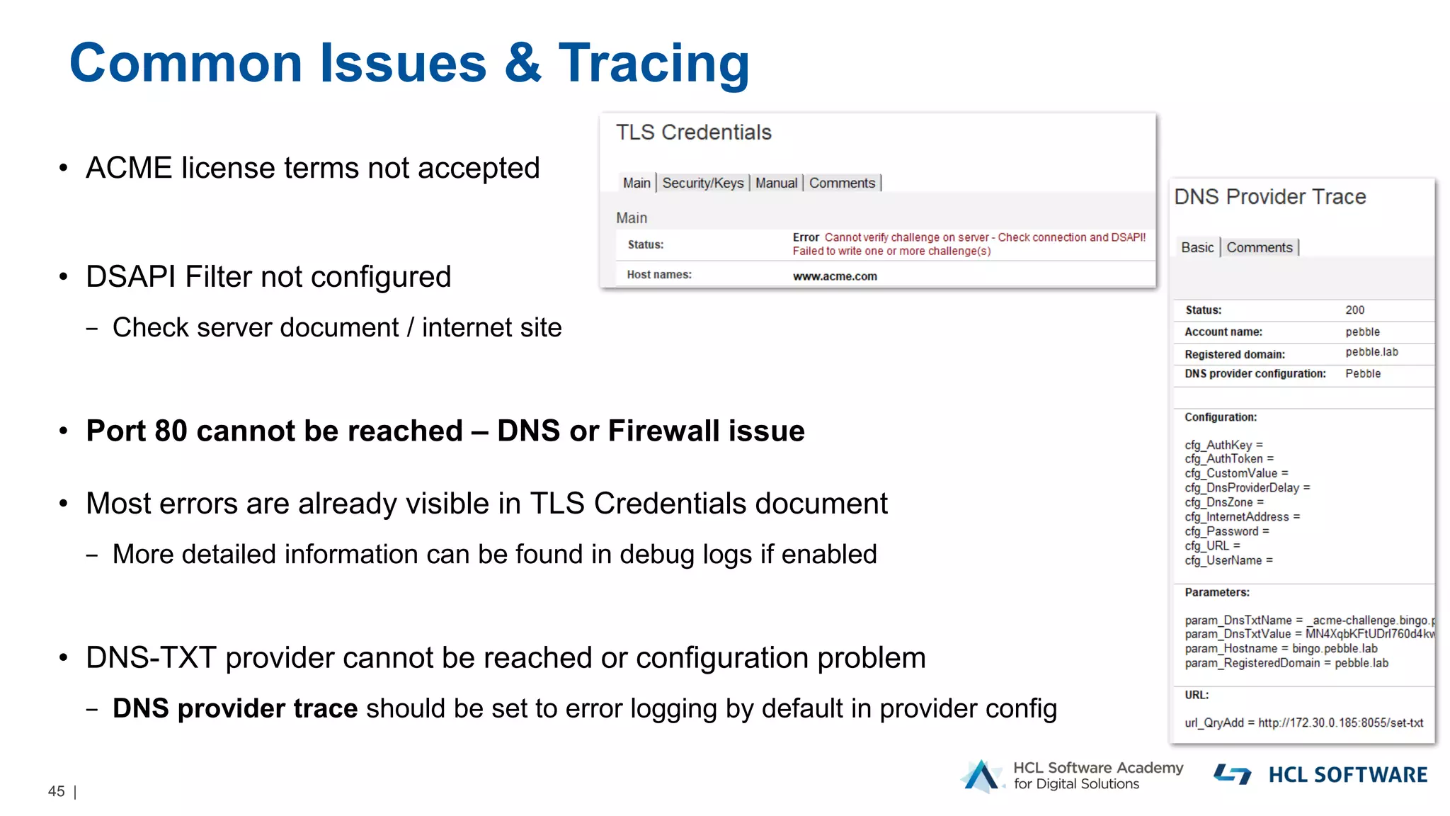 45 |
Common Issues & Tracing
• ACME license terms not accepted
• DSAPI Filter not configured
− Check server document / internet site
• Port 80 cannot be reached – DNS or Firewall issue
• Most errors are already visible in TLS Credentials document
− More detailed information can be found in debug logs if enabled
• DNS-TXT provider cannot be reached or configuration problem
− DNS provider trace should be set to error logging by default in provider config
 
