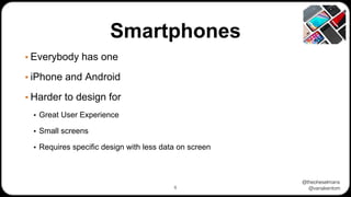 @theoheselmans
@vanakentom
Smartphones
▪ Everybody has one
▪ iPhone and Android
▪ Harder to design for
▪ Great User Experi...