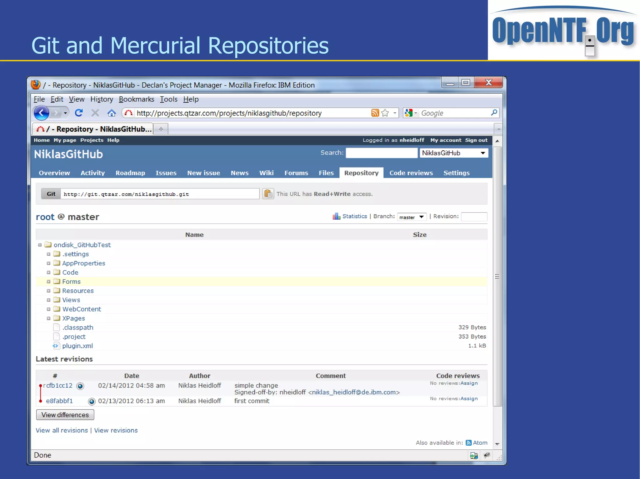 Deploy Git and Mercurial servers on OpenNTF and integrate them in Redmine 