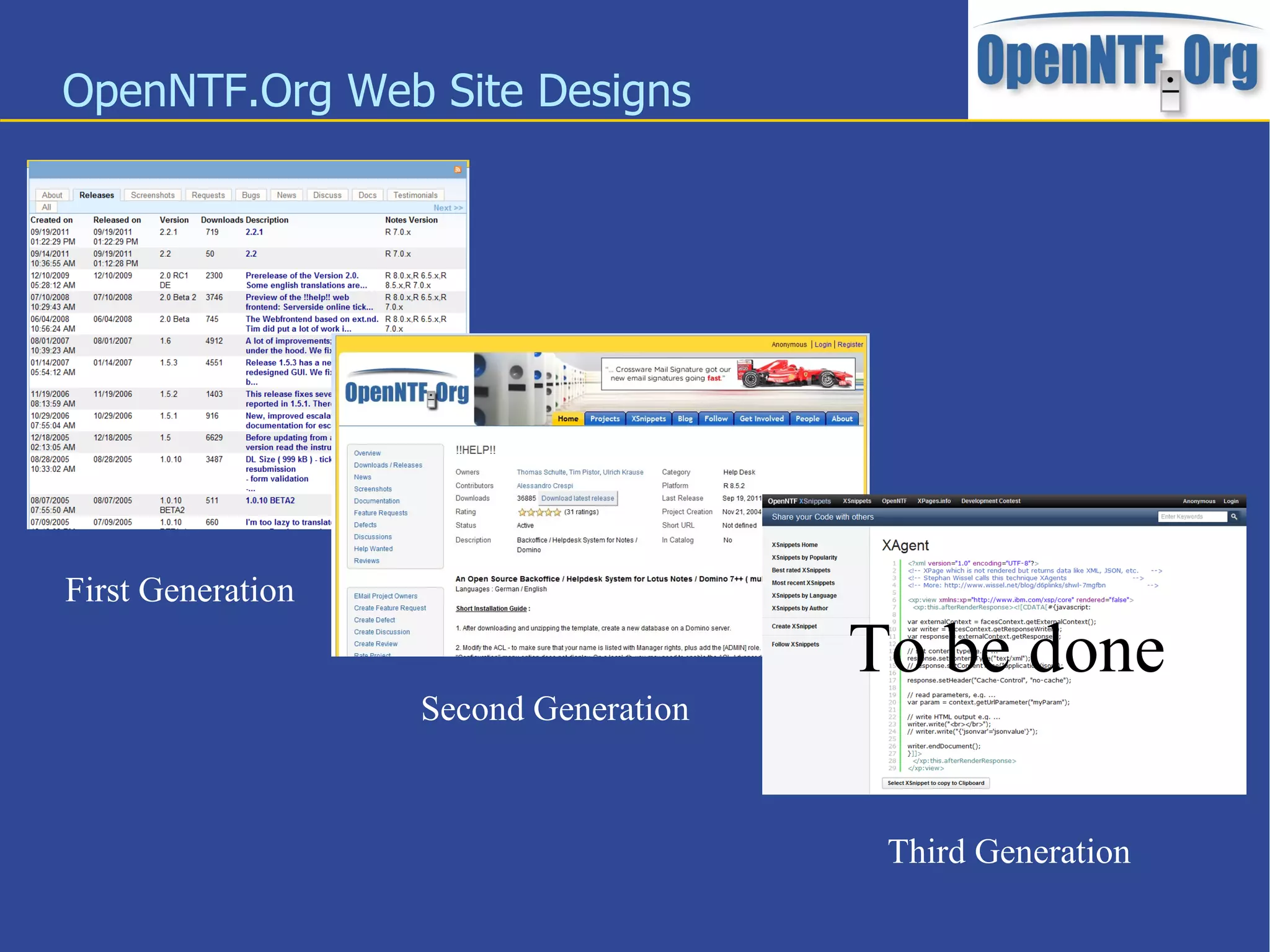 OpenNTF.Org Web Site Designs First Generation Second Generation Third Generation To be done 