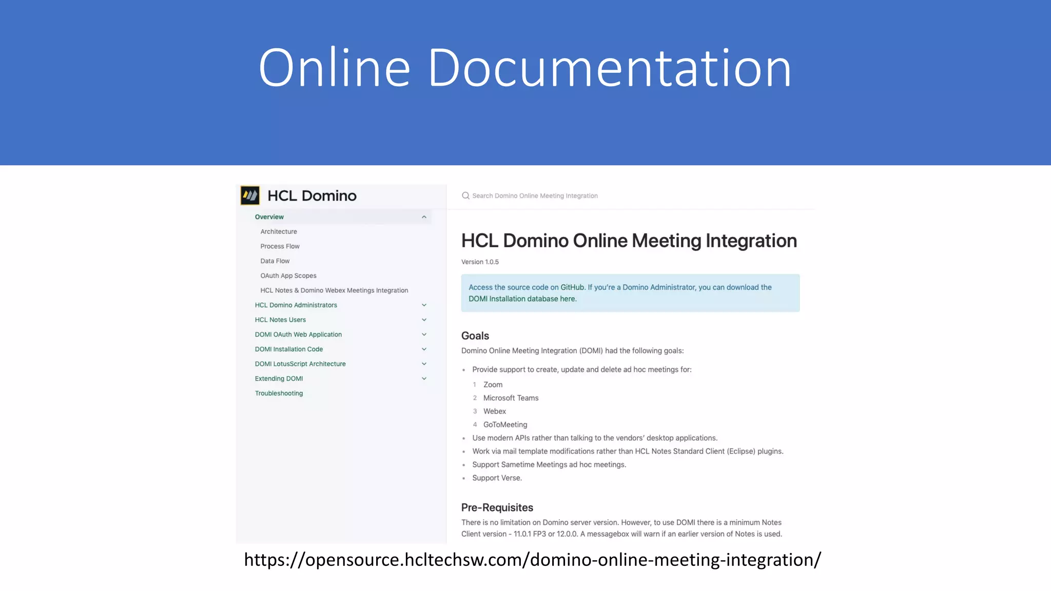 Online Documentation
https://opensource.hcltechsw.com/domino-online-meeting-integration/
 