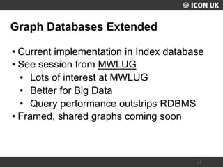 UKLUG 2012 – Cardiff, Wales 
37 
Graph Databases Extended 
•Current implementation in Index database 
•See session from MWLUG 
•Lots of interest at MWLUG 
•Better for Big Data 
•Query performance outstrips RDBMS 
•Framed, shared graphs coming soon  