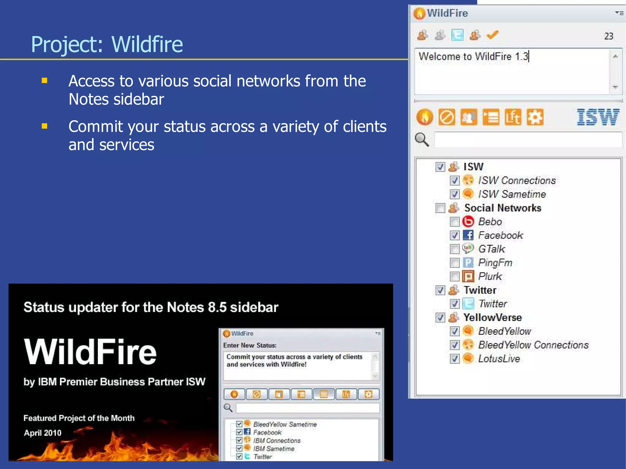 Project: Wildfire
    Access to various social networks from the
     Notes sidebar
    Commit your status across a variety of clients
     and services




                             11
 