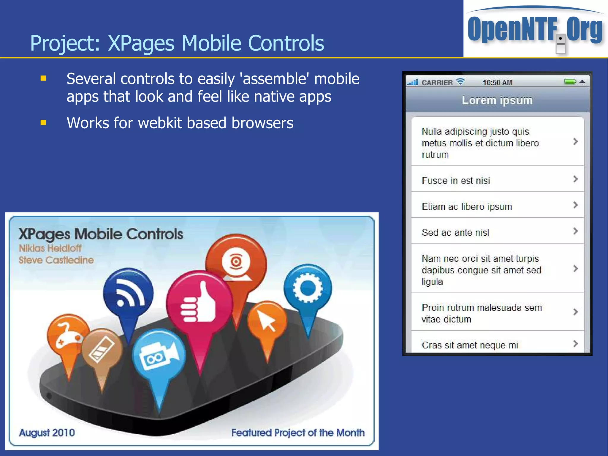 Project: XPages Mobile Controls
    Several controls to easily 'assemble' mobile
     apps that look and feel like native apps
    Works for webkit based browsers




                             12
 