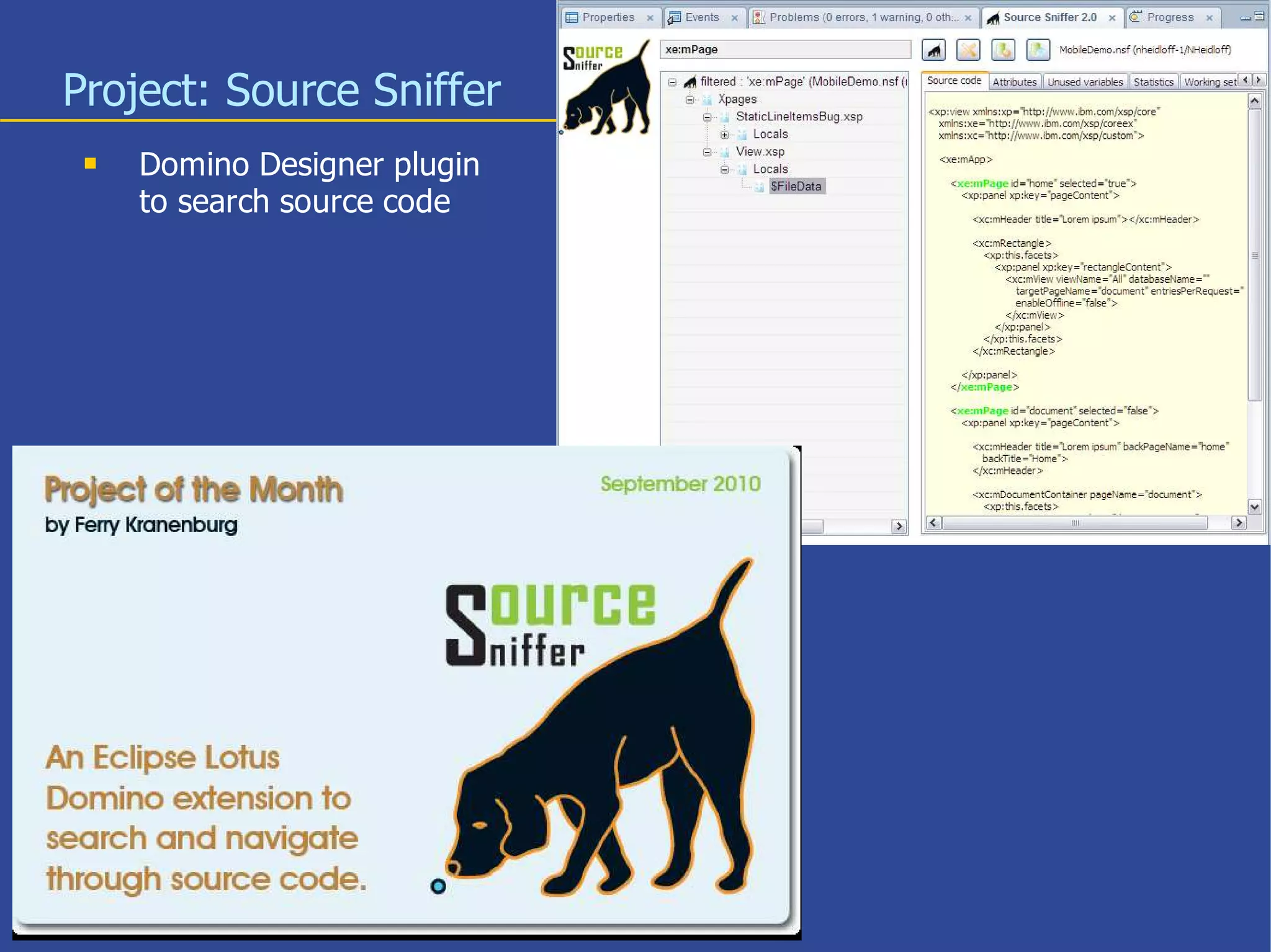 Project: Source Sniffer
    Domino Designer plugin
     to search source code




                              14
 