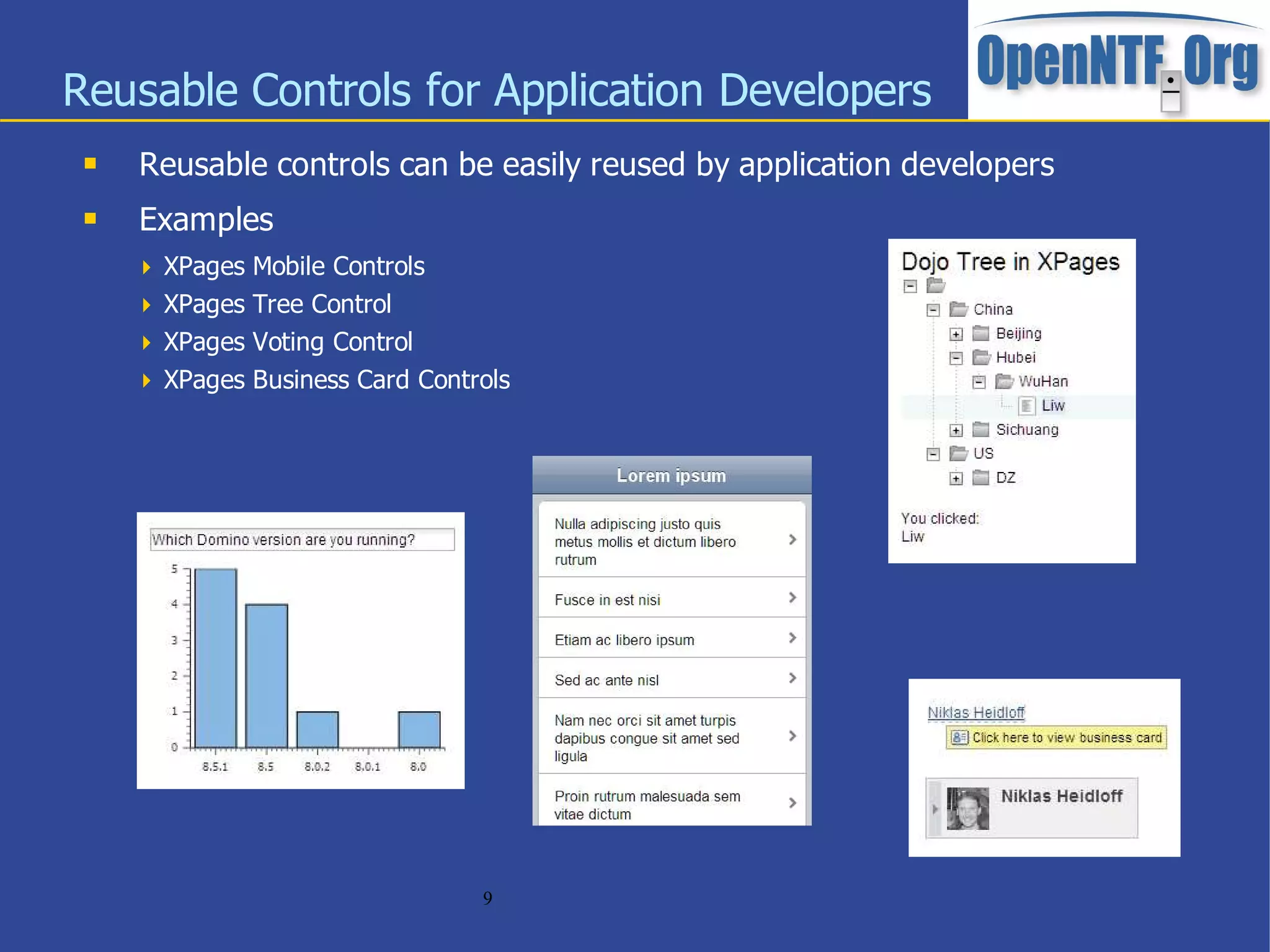 Reusable Controls for Application Developers
    Reusable controls can be easily reused by application developers
    Examples
      XPages Mobile Controls
      XPages Tree Control
      XPages Voting Control
      XPages Business Card Controls




                                 9
 