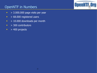 OpenNTF in Numbers
   > 3.000.000 page visits per year
   > 68.000 registered users
   > 10.000 downloads per month
   > 300 contributors
   > 400 projects




                           22
 
