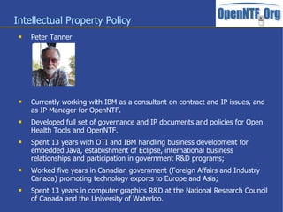 Intellectual Property Policy
 Peter Tanner
 Currently working with IBM as a consultant on contract and IP issues, and
as...
