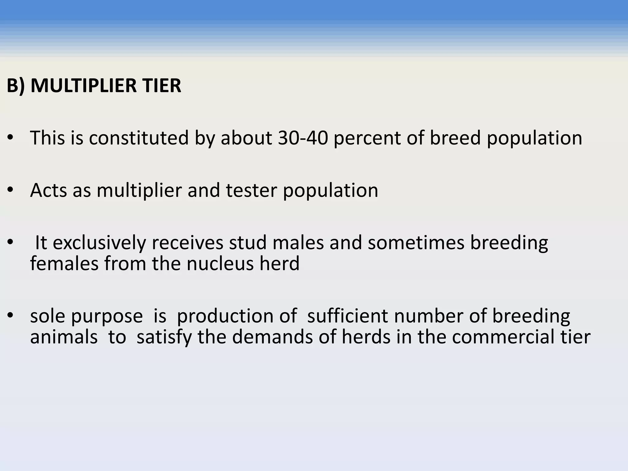 B) MULTIPLIER TIER
• This is constituted by about 30-40 percent of breed population
• Acts as multiplier and tester population
• It exclusively receives stud males and sometimes breeding
females from the nucleus herd
• sole purpose is production of sufficient number of breeding
animals to satisfy the demands of herds in the commercial tier
 