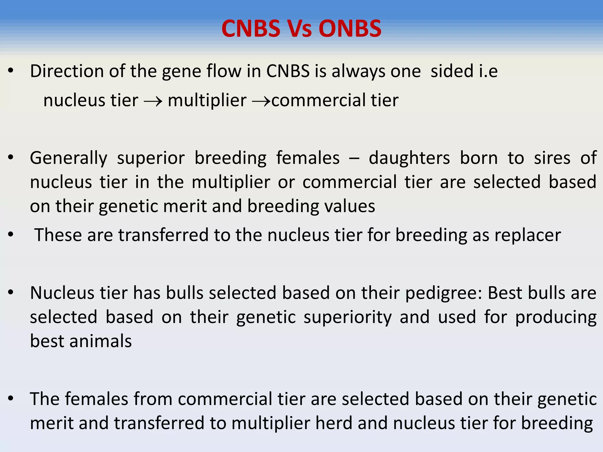CNBS Vs ONBS
• Direction of the gene flow in CNBS is always one sided i.e
nucleus tier  multiplier commercial tier
• Generally superior breeding females – daughters born to sires of
nucleus tier in the multiplier or commercial tier are selected based
on their genetic merit and breeding values
• These are transferred to the nucleus tier for breeding as replacer
• Nucleus tier has bulls selected based on their pedigree: Best bulls are
selected based on their genetic superiority and used for producing
best animals
• The females from commercial tier are selected based on their genetic
merit and transferred to multiplier herd and nucleus tier for breeding
 