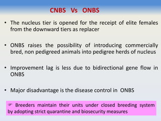 • The nucleus tier is opened for the receipt of elite females
from the downward tiers as replacer
• ONBS raises the possibility of introducing commercially
bred, non pedigreed animals into pedigree herds of nucleus
• Improvement lag is less due to bidirectional gene flow in
ONBS
• Major disadvantage is the disease control in ONBS
CNBS Vs ONBS
 Breeders maintain their units under closed breeding system
by adopting strict quarantine and biosecurity measures
 