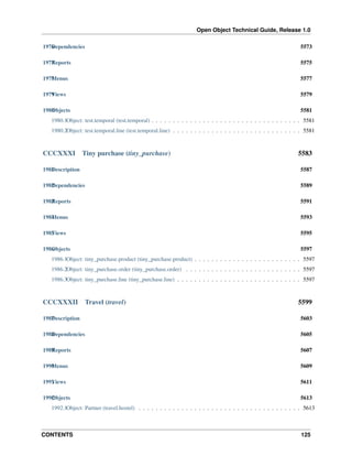 Open Object Technical Guide, Release 1.0
1976 ependencies
D

5573

1977 eports
R

5575

1978 enus
M

5577

1979 iews
V

5579

1980 bjects
O

5581

1980.1Object: test.temporal (test.temporal) . . . . . . . . . . . . . . . . . . . . . . . . . . . . . . . . . . . 5581
1980.2Object: test.temporal.line (test.temporal.line) . . . . . . . . . . . . . . . . . . . . . . . . . . . . . . 5581

CCCXXXI

Tiny purchase (tiny_purchase)

5583

1981 escription
D

5587

1982 ependencies
D

5589

1983 eports
R

5591

1984 enus
M

5593

1985 iews
V

5595

1986 bjects
O

5597

1986.1Object: tiny_purchase.product (tiny_purchase.product) . . . . . . . . . . . . . . . . . . . . . . . . . 5597
1986.2Object: tiny_purchase.order (tiny_purchase.order) . . . . . . . . . . . . . . . . . . . . . . . . . . . 5597
1986.3Object: tiny_purchase.line (tiny_purchase.line) . . . . . . . . . . . . . . . . . . . . . . . . . . . . . 5597

CCCXXXII

Travel (travel)

5599

1987 escription
D

5603

1988 ependencies
D

5605

1989 eports
R

5607

1990 enus
M

5609

1991 iews
V

5611

1992 bjects
O

5613

1992.1Object: Partner (travel.hostel) . . . . . . . . . . . . . . . . . . . . . . . . . . . . . . . . . . . . . . 5613

CONTENTS

125

 