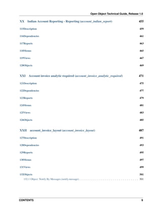 Open Object Technical Guide, Release 1.0

XX

Indian Account Reporting - Reporting (account_indian_report)

455

115Description

459

116Dependencies

461

117Reports

463

118Menus

465

119Views

467

120Objects

469

XXI

471

Account invoice analytic required (account_invoice_analytic_required)

121Description

475

122Dependencies

477

123Reports

479

124Menus

481

125Views

483

126Objects

485

XXII

account_invoice_layout (account_invoice_layout)

487

127Description

491

128Dependencies

493

129Reports

495

130Menus

497

131Views

499

132Objects

501

132.1 Object: Notify By Messages (notify.message) . . . . . . . . . . . . . . . . . . . . . . . . . . . . . . 501

CONTENTS

9

 
