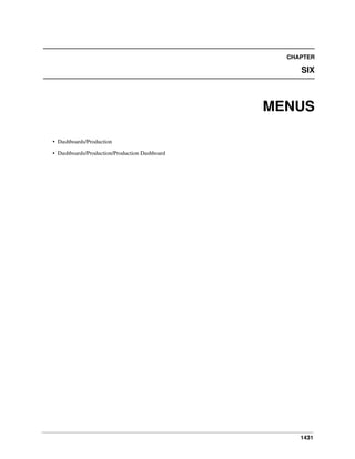 CHAPTER

SIX

MENUS
• Dashboards/Production
• Dashboards/Production/Production Dashboard

1431

 