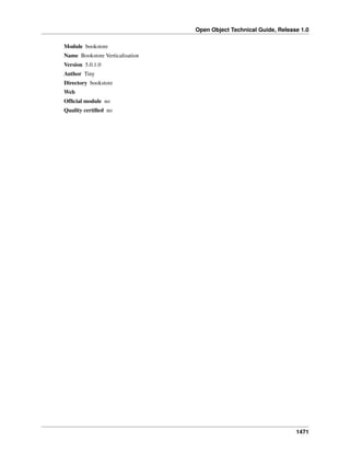Open Object Technical Guide, Release 1.0
Module bookstore
Name Bookstore Verticalisation
Version 5.0.1.0
Author Tiny
Directory bookstore
Web
Ofﬁcial module no
Quality certiﬁed no

1471

 