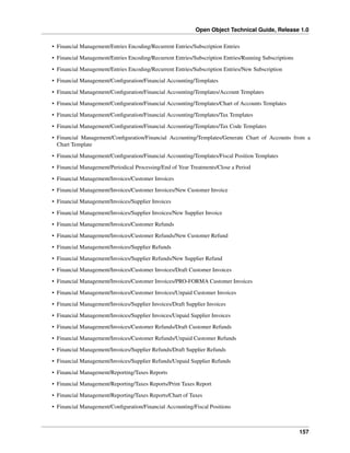 Open Object Technical Guide, Release 1.0
• Financial Management/Entries Encoding/Recurrent Entries/Subscription Entries
• Financial Management/Entries Encoding/Recurrent Entries/Subscription Entries/Running Subscriptions
• Financial Management/Entries Encoding/Recurrent Entries/Subscription Entries/New Subscription
• Financial Management/Conﬁguration/Financial Accounting/Templates
• Financial Management/Conﬁguration/Financial Accounting/Templates/Account Templates
• Financial Management/Conﬁguration/Financial Accounting/Templates/Chart of Accounts Templates
• Financial Management/Conﬁguration/Financial Accounting/Templates/Tax Templates
• Financial Management/Conﬁguration/Financial Accounting/Templates/Tax Code Templates
• Financial Management/Conﬁguration/Financial Accounting/Templates/Generate Chart of Accounts from a
Chart Template
• Financial Management/Conﬁguration/Financial Accounting/Templates/Fiscal Position Templates
• Financial Management/Periodical Processing/End of Year Treatments/Close a Period
• Financial Management/Invoices/Customer Invoices
• Financial Management/Invoices/Customer Invoices/New Customer Invoice
• Financial Management/Invoices/Supplier Invoices
• Financial Management/Invoices/Supplier Invoices/New Supplier Invoice
• Financial Management/Invoices/Customer Refunds
• Financial Management/Invoices/Customer Refunds/New Customer Refund
• Financial Management/Invoices/Supplier Refunds
• Financial Management/Invoices/Supplier Refunds/New Supplier Refund
• Financial Management/Invoices/Customer Invoices/Draft Customer Invoices
• Financial Management/Invoices/Customer Invoices/PRO-FORMA Customer Invoices
• Financial Management/Invoices/Customer Invoices/Unpaid Customer Invoices
• Financial Management/Invoices/Supplier Invoices/Draft Supplier Invoices
• Financial Management/Invoices/Supplier Invoices/Unpaid Supplier Invoices
• Financial Management/Invoices/Customer Refunds/Draft Customer Refunds
• Financial Management/Invoices/Customer Refunds/Unpaid Customer Refunds
• Financial Management/Invoices/Supplier Refunds/Draft Supplier Refunds
• Financial Management/Invoices/Supplier Refunds/Unpaid Supplier Refunds
• Financial Management/Reporting/Taxes Reports
• Financial Management/Reporting/Taxes Reports/Print Taxes Report
• Financial Management/Reporting/Taxes Reports/Chart of Taxes
• Financial Management/Conﬁguration/Financial Accounting/Fiscal Positions

157

 