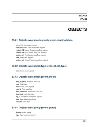 CHAPTER

FOUR

OBJECTS
534.1 Object: event.meeting.table (event.meeting.table)
service Service, integer, required
event_id Related Event, many2one, required
contact_id2 Second Contact, many2one, required
contact_id1 First Contact, many2one, required
partner_id1 First Partner, many2one, required
table Table, char, required
partner_id2 Second Partner, many2one, required

534.2 Object: event.check.type (event.check.type)
name Name, char, required

534.3 Object: event.check (event.check)
date_reception Reception Date, date
code Code, char
name Name, char, required
type_id Type, many2one
date_submission Submission Date, date
date_limit Limit Date, date
reg_id Inscriptions, many2one, required
state State, selection, readonly
unit_nbr Value, ﬂoat

534.4 Object: event.group (event.group)
picture Picture, binary
type Type, selection, required

1611

 