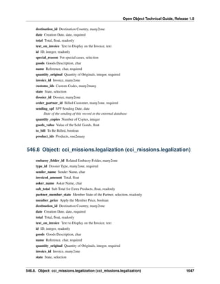 Open Object Technical Guide, Release 1.0
destination_id Destination Country, many2one
date Creation Date, date, required
total Total, ﬂoat, readonly
text_on_invoice Text to Display on the Invoice, text
id ID, integer, readonly
special_reason For special cases, selection
goods Goods Description, char
name Reference, char, required
quantity_original Quantity of Originals, integer, required
invoice_id Invoice, many2one
customs_ids Custom Codes, many2many
state State, selection
dossier_id Dossier, many2one
order_partner_id Billed Customer, many2one, required
sending_spf SPF Sending Date, date
Date of the sending of this record to the external database
quantity_copies Number of Copies, integer
goods_value Value of the Sold Goods, ﬂoat
to_bill To Be Billed, boolean
product_ids Products, one2many

546.8 Object: cci_missions.legalization (cci_missions.legalization)
embassy_folder_id Related Embassy Folder, many2one
type_id Dossier Type, many2one, required
sender_name Sender Name, char
invoiced_amount Total, ﬂoat
asker_name Asker Name, char
sub_total Sub Total for Extra Products, ﬂoat, readonly
partner_member_state Member State of the Partner, selection, readonly
member_price Apply the Member Price, boolean
destination_id Destination Country, many2one
date Creation Date, date, required
total Total, ﬂoat, readonly
text_on_invoice Text to Display on the Invoice, text
id ID, integer, readonly
goods Goods Description, char
name Reference, char, required
quantity_original Quantity of Originals, integer, required
invoice_id Invoice, many2one
state State, selection

546.8. Object: cci_missions.legalization (cci_missions.legalization)

1647

 