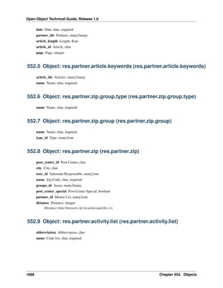 Open Object Technical Guide, Release 1.0
date Date, date, required
partner_ids Partners, many2many
article_length Length, ﬂoat
article_id Article, char
page Page, integer

552.5 Object: res.partner.article.keywords (res.partner.article.keywords)
article_ids Articles, many2many
name Name, char, required

552.6 Object: res.partner.zip.group.type (res.partner.zip.group.type)
name Name, char, required

552.7 Object: res.partner.zip.group (res.partner.zip.group)
name Name, char, required
type_id Type, many2one

552.8 Object: res.partner.zip (res.partner.zip)
post_center_id Post Center, char
city City, char
user_id Salesman Responsible, many2one
name Zip Code, char, required
groups_id Areas, many2many
post_center_special Post Center Special, boolean
partner_id Master Cci, many2one
distance Distance, integer
Distance (km) between zip location and the cci.

552.9 Object: res.partner.activity.list (res.partner.activity.list)
abbreviation Abbreviation, char
name Code list, char, required

1666

Chapter 552. Objects

 