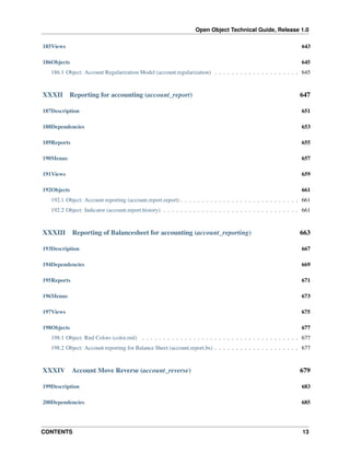 Open Object Technical Guide, Release 1.0
185Views

643

186Objects

645

186.1 Object: Account Regularization Model (account.regularization) . . . . . . . . . . . . . . . . . . . . 645

XXXII

Reporting for accounting (account_report)

647

187Description

651

188Dependencies

653

189Reports

655

190Menus

657

191Views

659

192Objects

661

192.1 Object: Account reporting (account.report.report) . . . . . . . . . . . . . . . . . . . . . . . . . . . . 661
192.2 Object: Indicator (account.report.history) . . . . . . . . . . . . . . . . . . . . . . . . . . . . . . . . 661

XXXIII

Reporting of Balancesheet for accounting (account_reporting)

663

193Description

667

194Dependencies

669

195Reports

671

196Menus

673

197Views

675

198Objects

677

198.1 Object: Rml Colors (color.rml) . . . . . . . . . . . . . . . . . . . . . . . . . . . . . . . . . . . . . 677
198.2 Object: Account reporting for Balance Sheet (account.report.bs) . . . . . . . . . . . . . . . . . . . . 677

XXXIV

Account Move Reverse (account_reverse)

679

199Description

683

200Dependencies

685

CONTENTS

13

 