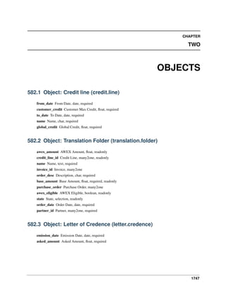CHAPTER

TWO

OBJECTS
582.1 Object: Credit line (credit.line)
from_date From Date, date, required
customer_credit Customer Max Credit, ﬂoat, required
to_date To Date, date, required
name Name, char, required
global_credit Global Credit, ﬂoat, required

582.2 Object: Translation Folder (translation.folder)
awex_amount AWEX Amount, ﬂoat, readonly
credit_line_id Credit Line, many2one, readonly
name Name, text, required
invoice_id Invoice, many2one
order_desc Description, char, required
base_amount Base Amount, ﬂoat, required, readonly
purchase_order Purchase Order, many2one
awex_eligible AWEX Eligible, boolean, readonly
state State, selection, readonly
order_date Order Date, date, required
partner_id Partner, many2one, required

582.3 Object: Letter of Credence (letter.credence)
emission_date Emission Date, date, required
asked_amount Asked Amount, ﬂoat, required

1747

 